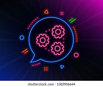 Gears line icon. Neon laser lights. Teamwork cogwheel sign. Working process symbol. Glow laser speech bubble. Neon lights chat bubble. Banner badge with gears icon. Vector