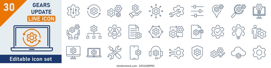 Gears line icon set. Set of 30 outline icons related to gears, control, tool, system. Linear icon collection. Gear update outline icons collection. Editable stroke. Vector illustration.