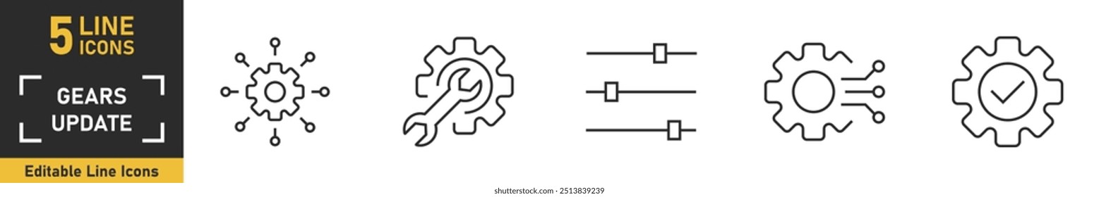 Gears line icon set. Set of 5 outline icons related to gears, control, tool, system and more. Vector illustration.
