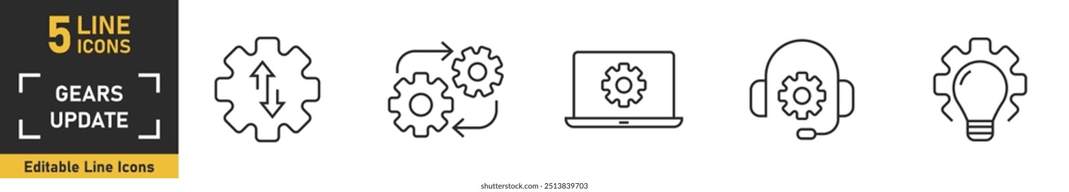 Conjunto de iconos de línea de engranajes. Conjunto de 5 iconos de contorno relacionados con engranajes, control, herramienta, sistema y más. Ilustración vectorial.