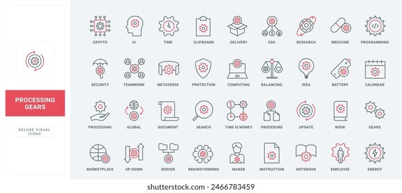 Gears in line icons set. Software update and programming, AI brainstorming, security and protection of ideas and time, employee instructions thin black and red outline symbols vector illustration