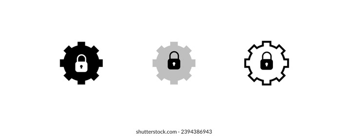 Gears with lock icons. Silhouette, settings protection, gear with key lock. Vector icons