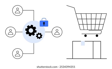 Gears, lock, user icons, shopping cart, and package symbolize a secure e-commerce system. Ideal for online shopping, cybersecurity, user interaction, system functionality, and logistics. Simple