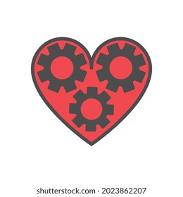 Gears And Love Icon, Heart and Gear Illustration. Flat design