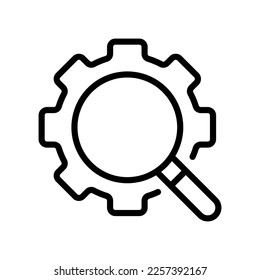 Gears with magnifier line icon. Mechanism, wheels, construct, build, device, mechanical, engine, lock, builder, technology. Construction concept. Vector line icon on white background