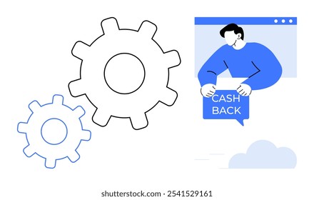 Gears e um homem segurando um cashback sinal emergindo de uma janela do navegador. Ideal para finanças, compras on-line, marketing, negócios, e-commerce. Estilo minimalista com cores azul e preto e branco