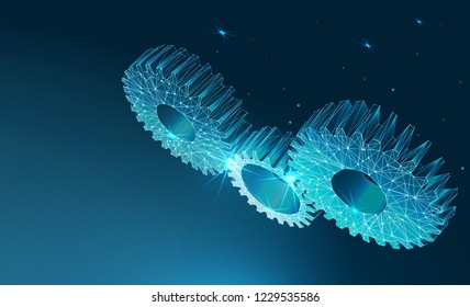 Gears. Mechanical technology machine engineering symbol. A gearing composed of polygons. Low poly vector illustration Industry development, engine work, business solution concept.