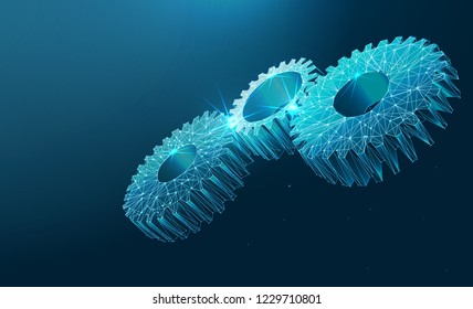 Gears. Mechanical technology machine engineering symbol. A gearing composed of polygons. Low poly vector illustration Industry development, engine work, business solution concept.