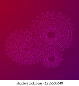 Gears. Mechanical technology machine engineering symbol. Industry development, engine work, business solution concept. Wireframe low poly mesh vector illustration