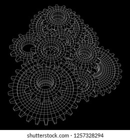 Gears. Mechanical technology machine engineering symbol. Industry development, engine work, business solution concept. Wireframe low poly mesh vector illustration