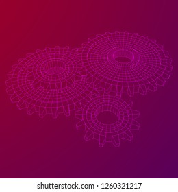 Gears. Mechanical technology machine engineering symbol. Industry development, engine work, business solution concept. Wireframe low poly mesh vector illustration