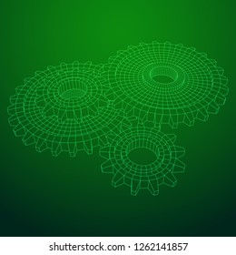 Gears. Mechanical technology machine engineering symbol. Industry development, engine work, business solution concept. Wireframe low poly mesh vector illustration