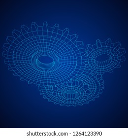 Gears. Mechanical technology machine engineering symbol. Industry development, engine work, business solution concept. Wireframe low poly mesh vector illustration
