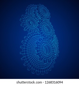 Gears. Mechanical technology machine engineering symbol. Industry development, engine work, business solution concept. Wireframe low poly mesh vector illustration