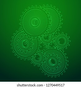 Gears. Mechanical technology machine engineering symbol. Industry development, engine work, business solution concept. Wireframe low poly mesh vector illustration
