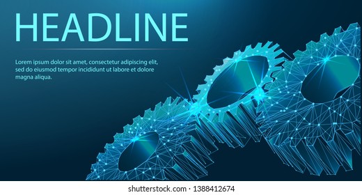 Gears. Mechanical technology machine engineering symbol. A gearing composed of polygons. Low poly vector illustration Industry development, engine work, business solution concept.