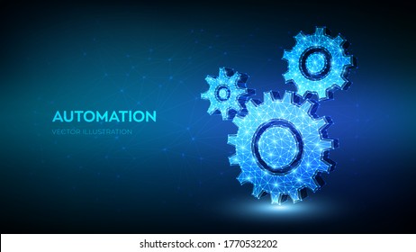 Gears. Mechanical technology machine engineering symbol. Abstract wireframe low polygonal 3D gears. RPA. Industry development, engine work, business solution concept. Vector illustration.