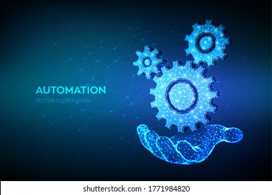 Gears. Mechanical technology machine engineering symbol in hand. Abstract wireframe low polygonal 3D gears. RPA. Industry development, engine work, business solution concept. Vector illustration.