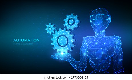 Gears. Mechanical technology machine engineering symbol in hand. Abstract 3d low polygonal robot holding gears. RPA. Industry development, engine work, business solution concept. Vector illustration.