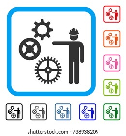 Gears Mechanics Presentation icon. Flat gray pictogram symbol in a light blue rounded squared frame. Black, gray, green, blue, red, orange color versions of Gears Mechanics Presentation vector.