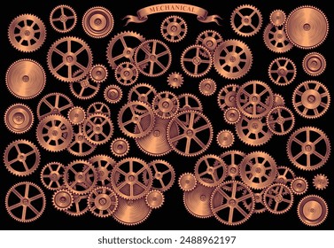 Gears of the mechanism. Design set. Editable hand drawn illustration. Vector vintage engraving. Isolated on black background. 8 EPS