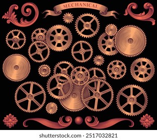 Zahnräder des Mechanismus. Design-Set. Bearbeitbare handgezeichnete Illustration. Vektor Vintage Gravur. Einzeln auf schwarzem Hintergrund. 8 EPS