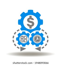 Gears mechanism with dollar, calculator, clock vector icon. Financial operations symbol. Finance management sign.