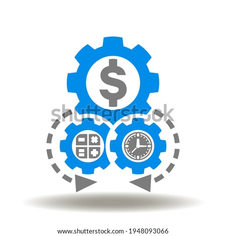 Gears mechanism with dollar, calculator, clock vector icon. Financial operations symbol. Finance management sign.