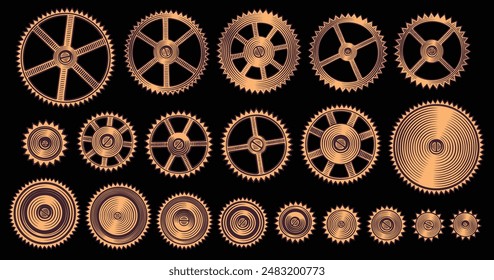 Gears of the mechanism. Editable hand drawn illustration. Vector vintage engraving. Isolated on black background. 8 EPS
