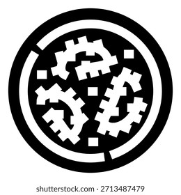 Elementos del mecanismo de engranajes que se mueven e integran dentro de un círculo negro sólido con contornos blancos, que representan conceptos de industria, tecnología y conexión