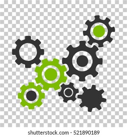 Gears Mechanism Symbol. Der Vektorgrafik-Stil ist ein flaches bicolorfarbenes Symbol, öko-grüne und graue Farben, schachtransparenter Hintergrund. Entwickelt für Software- und Web-Interface-Symbolleisten und Menüs.