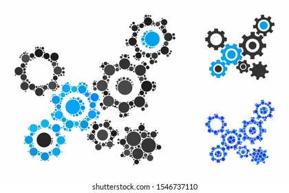 Gears mechanism mosaic of circle elements in various sizes and shades, based on gears mechanism icon. Vector filled circles are united into blue mosaic.