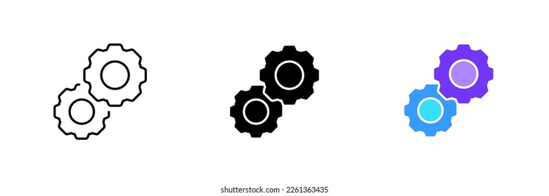 Gears. Mechanism, work, engineering, design, construction, software development, technology, engineer. Vector set icon in line, black and colorful styles isolated on white background