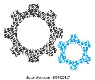 Gears mosaic of dollars and round spots. Vector money symbols are organized into gears composition.