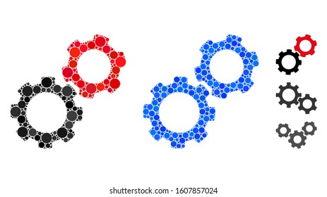 Gears mosaic of filled circles in different sizes and color tints, based on gears icon. Vector filled circles are composed into blue mosaic. Dotted gears icon in usual and blue versions.