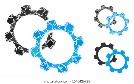 Gears mosaic of humpy parts in different sizes and shades, based on gears icon. Vector humpy elements are organized into collage. Gears icons collage with dotted pattern.