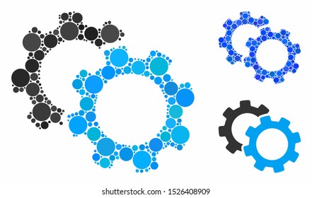 Gears mosaic for gears icon of spheric dots in various sizes and color tones. Vector dots are organized into blue mosaic. Dotted gears icon in usual and blue versions.