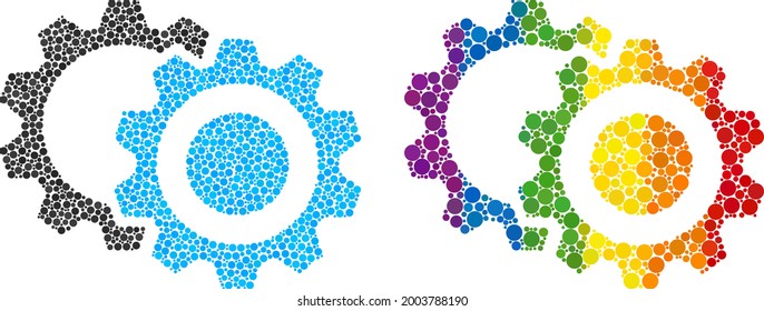 Gears mosaic icon of spheric dots in variable sizes and rainbow colored color tints. A dotted LGBT-colored gears for lesbians, gays, bisexuals, and transgenders. Vector pictogram in LGBT flag colors.
