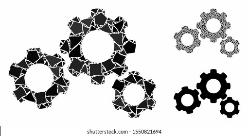 Gears mosaic of rough elements in variable sizes and shades, based on gears icon. Vector rough elements are combined into mosaic. Gears icons collage with dotted pattern.