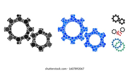 Gears mosaic of round dots in different sizes and color tones, based on gears icon. Vector dots are united into blue mosaic. Dotted gears icon in usual and blue versions.