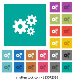 Gears multi colored flat icons on plain square backgrounds. Included white and darker icon variations for hover or active effects.