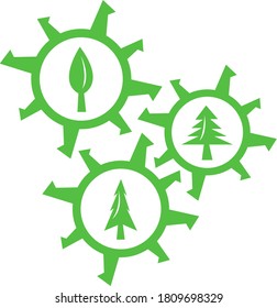 Gears and natural icons in the shape of different trees forestry and nature concept on white background
