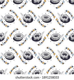 Gears and nuts. Seamless pattern on a white background. Cute vector illustration.
