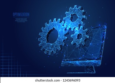 Gears on computer background. Low poly wireframe vector polygonal illustration. Digital computer service concept. Isolated gearing on screen. Mechanical technology machine engineering symbol.