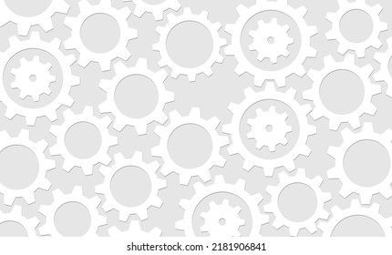 Gears on grey background, flat white gears and cogs on grey back, vector illustration.