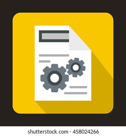 Gears on a paper icon in flat style on a yellow background