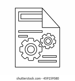 Gears on a paper icon in outline style on a white background