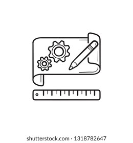 Gears on paper prototyping hand drawn outline doodle icon. Software prototyping, product model concept. Vector sketch illustration for print, web, mobile and infographics on white background.