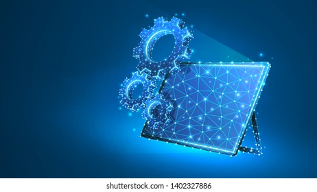 Gears on screen of Graphic Tablet. Industry, business solution, technology, engineering concept. Abstract, digital, wireframe, low poly mesh vector blue neon 3d illustration. Triangle, line, dot