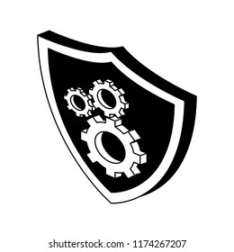 Gears on shield isometric in black and white